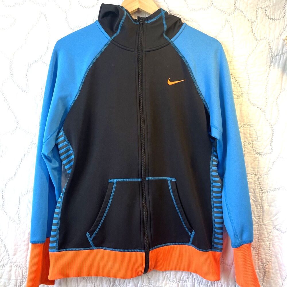 Nike Therma-Fit Blue Black Orange Colorblock Full Zip Hoodie Women's Size Large